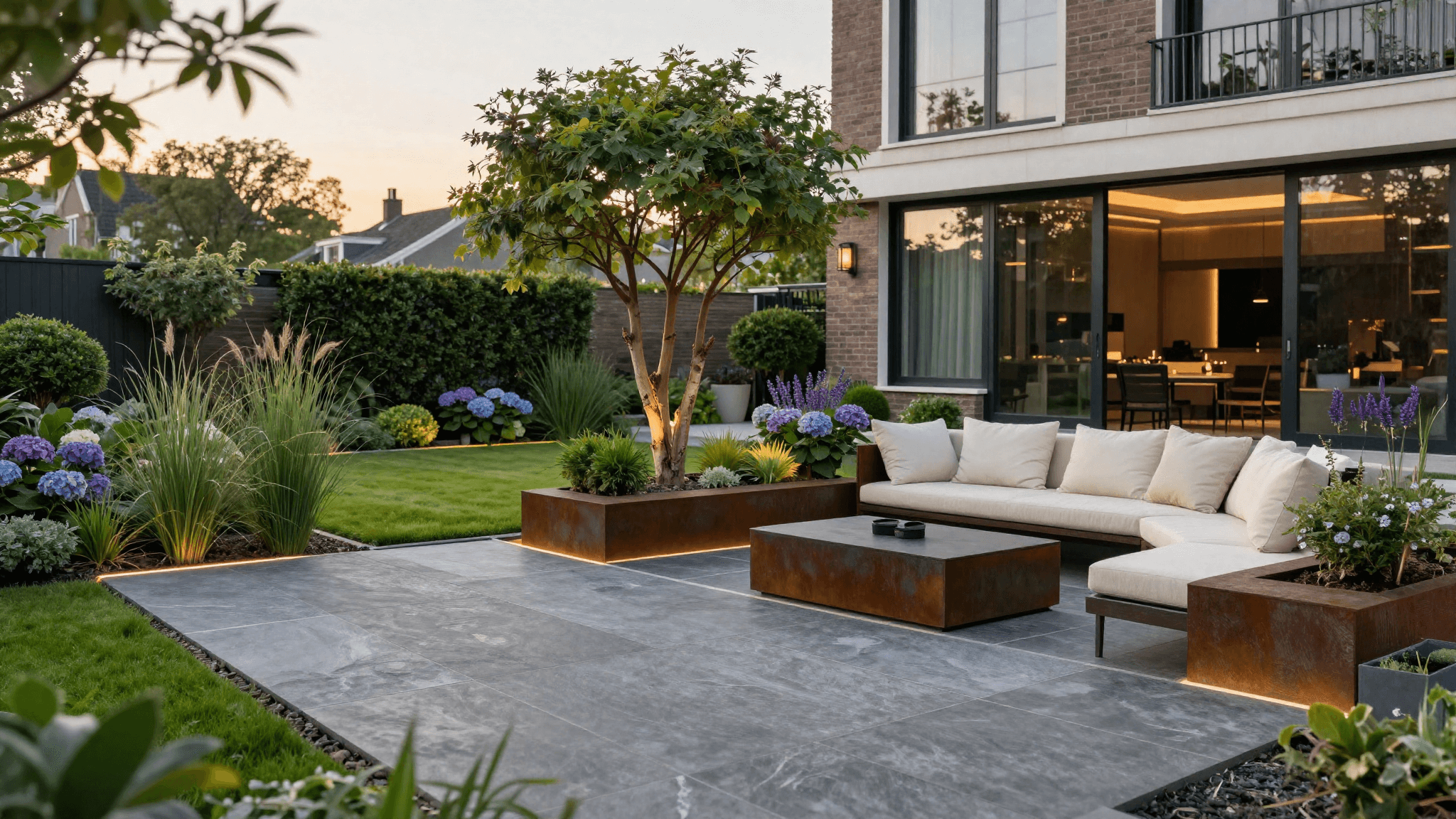Strakke achtertuin met terras, beplanting en avondlicht — premium tuintransformatie