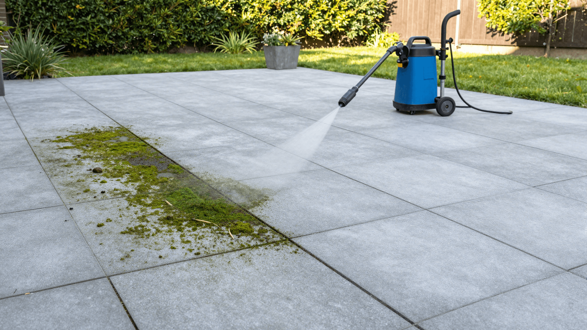 Schoon terras na hogedrukreiniging met zichtbaar before-after contrast