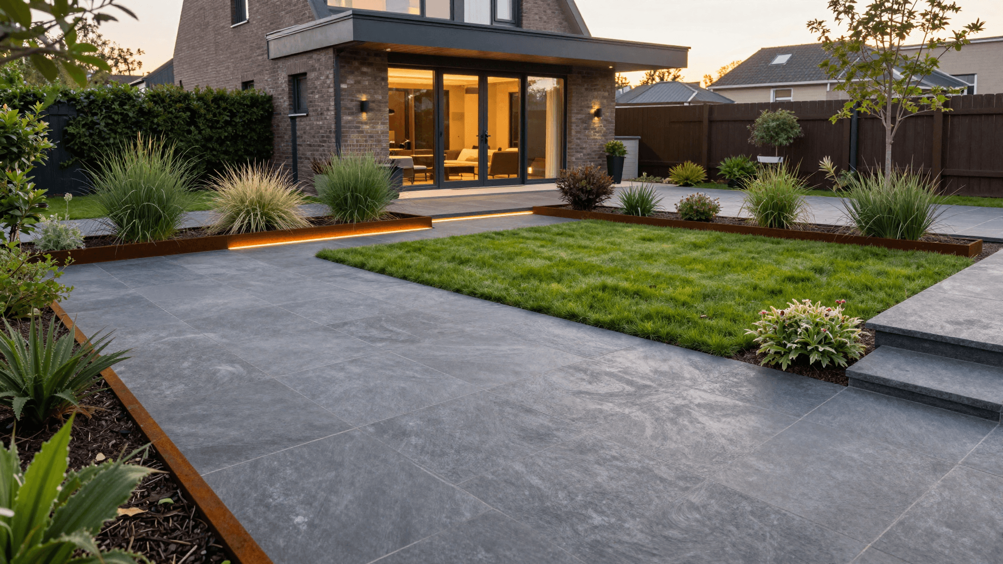 Nieuw aangelegde tuin met modern terras, beplanting en gazon