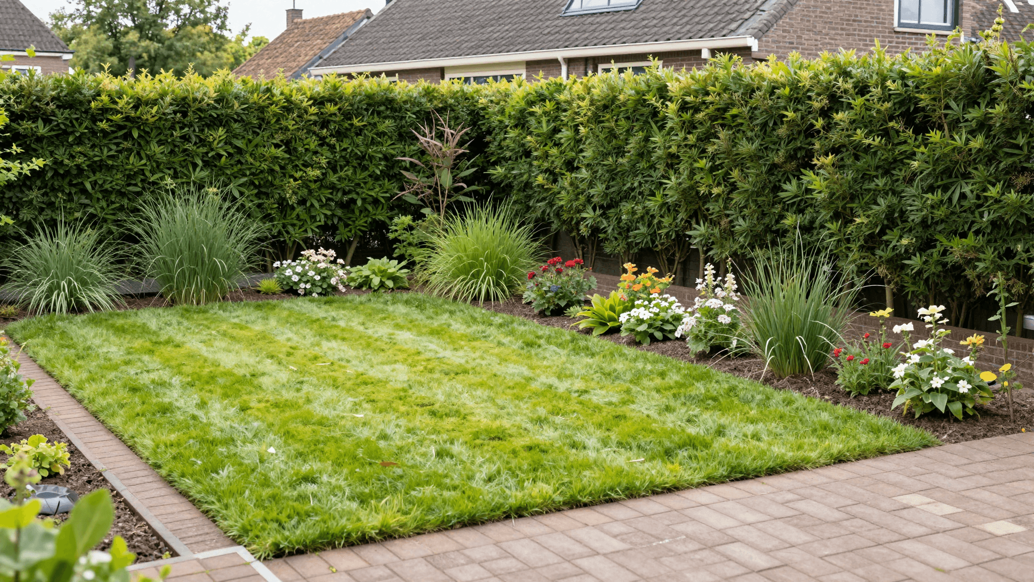 Verzorgde tuin met strak gazon en gesnoeide hagen na professioneel onderhoud