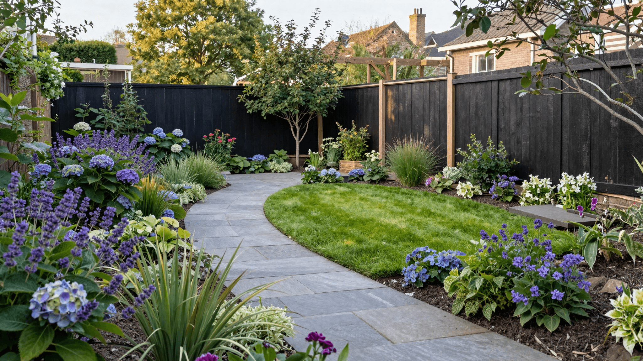 Gerenoveerde achtertuin met natuurstenen pad en frisse beplanting