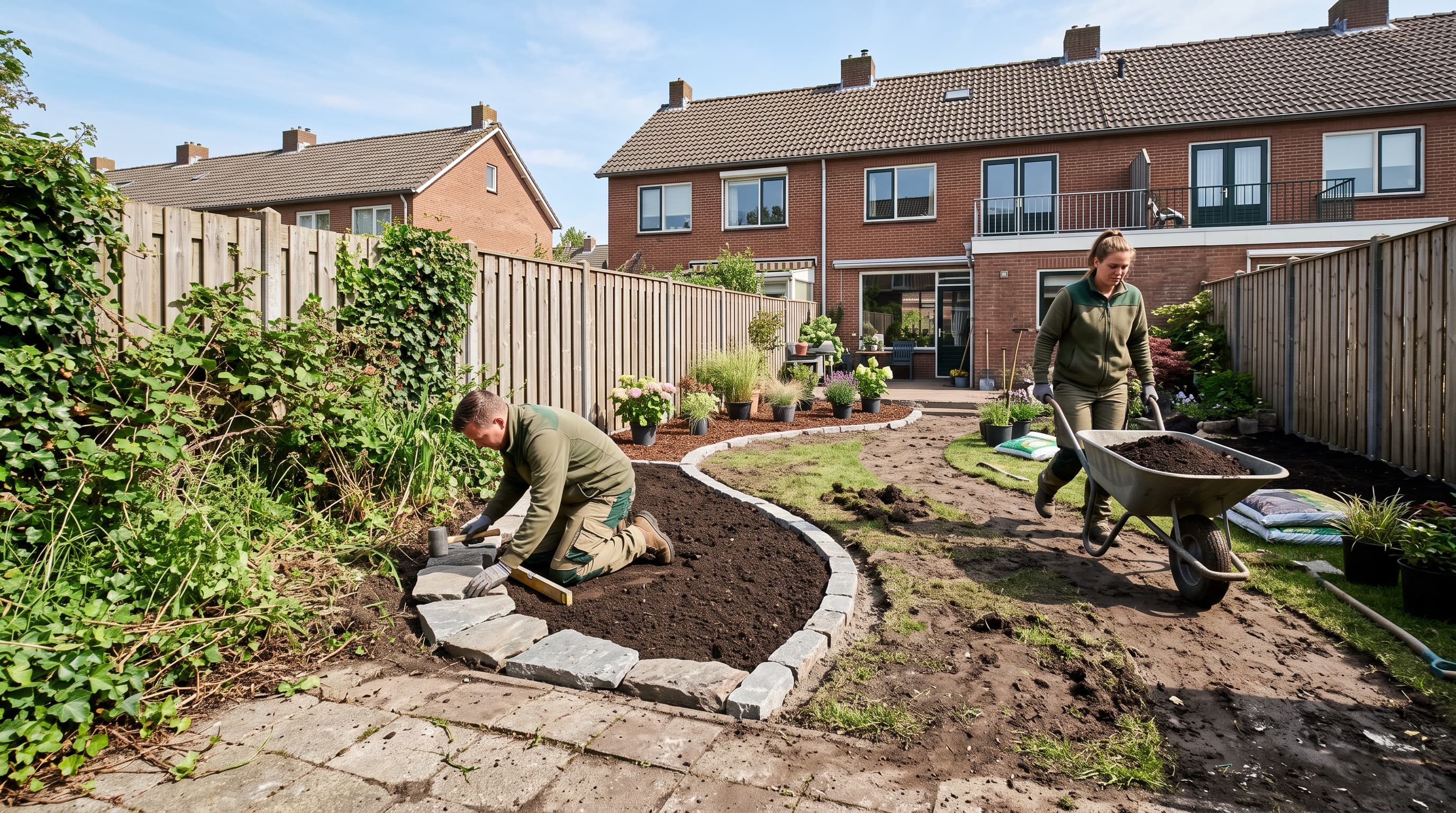 Hoveniers leggen een nieuwe border aan in een achtertuin in Uden